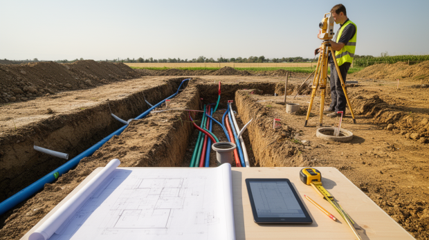 Plan de récolement réalisé sur un chantier de maison avec relevé des réseaux enterrés par un géomètre.
