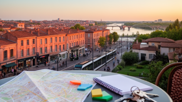 Vue réaliste de Toulouse avec la Garonne, des façades en brique rose, des rues animées, des espaces verts et une carte sans texte évoquant le choix des quartiers.