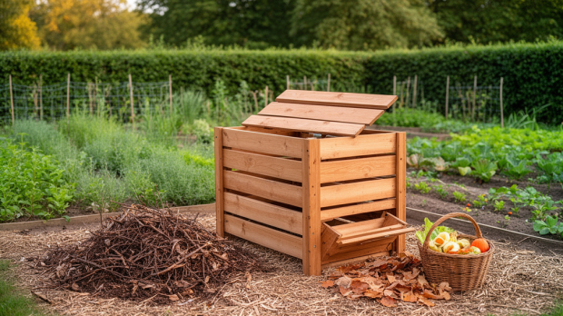 Composteur en bois installé dans un jardin avec potager, feuilles mortes et broyat pour réussir son compost