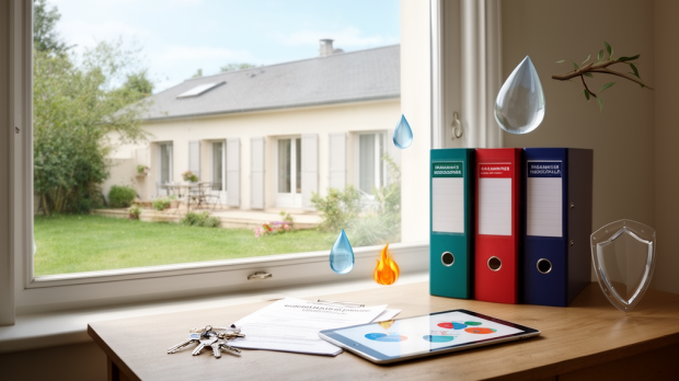 Maison avec jardin, clés et dossier de contrat illustrant une assurance habitation GMF modulable à comparer avant souscription.