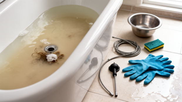Baignoire bouchée avec eau stagnante et outils de débouchage posés dans une salle de bain