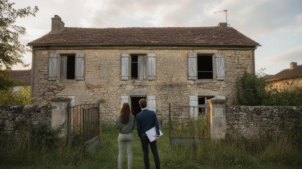Maison abandonnée en pierre observée par des acheteurs avant une éventuelle acquisition légale