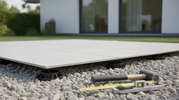 Terrasse extérieure en carrelage posée sur plots réglables avec dalles en grès cérame et support drainant