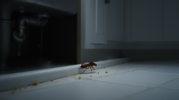 Bébé cafard brun près d’une plinthe dans une cuisine, signe possible d’infestation à surveiller rapidement.