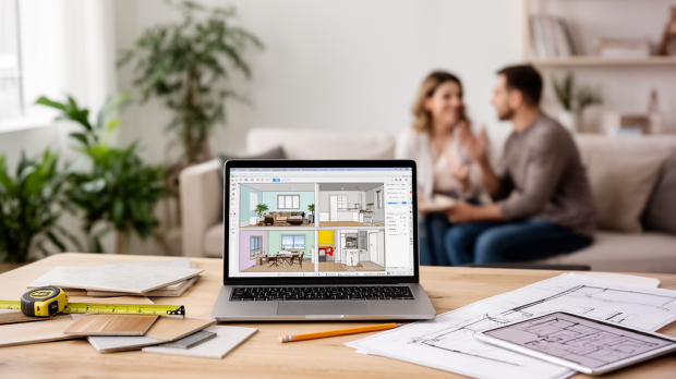 Ordinateur affichant un plan de maison 2D et 3D pour préparer un projet avec Kozikaza gratuit devenu Kazaplan