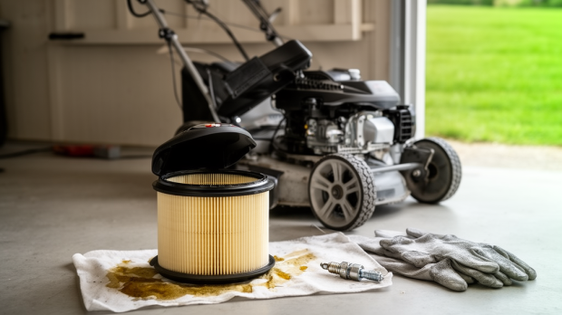 Filtre à air de tondeuse imbibé d’huile lors d’une intervention d’entretien moteur.