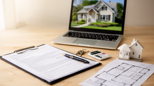Préparation d’une offre d’achat immobilier avec contrat, clés, stylo, calculatrice et maison miniature sur une table