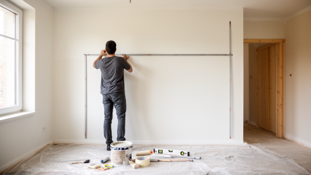 Personne mesurant un mur intérieur avec un mètre ruban avant des travaux de peinture