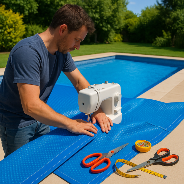 Personne en train de coudre une bâche à bulle pour une piscine, avec des outils de couture et une ambiance estivale.