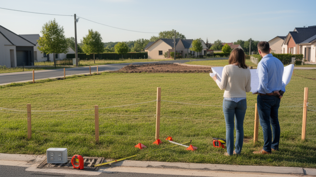 Terrain constructible délimité avec bornage, raccordements et futurs travaux de construction en zone résidentielle.
