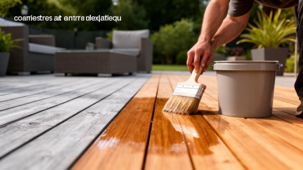 Terrasse en bois extérieur en cours de dégrisement avec une zone grisée et une zone ravivée