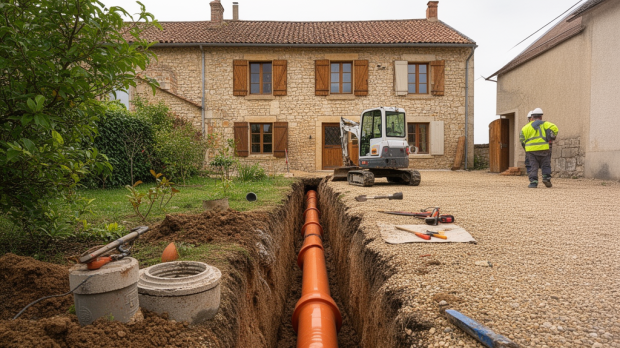 Raccordement tout à l’égout d’une maison ancienne avec tranchée, canalisations et regard de branchement