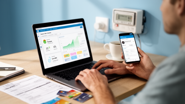 Espace client EDF en ligne pour consulter ses factures, payer et suivre sa consommation d’électricité depuis un ordinateur et un mobile.