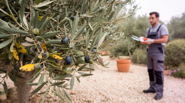 Olivier malade avec feuilles jaunes, taches noires et olives abîmées dans un jardin méditerranéen