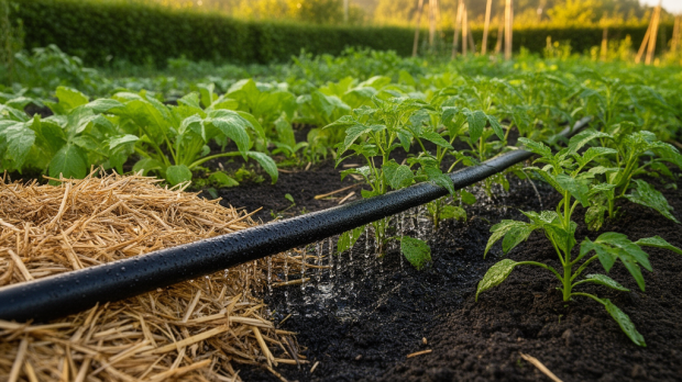 Tuyau d’arrosage poreux installé sous paillage au pied de jeunes plants dans un potager