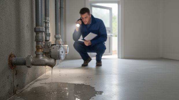Personne vérifiant un compteur d’eau dans une maison pour détecter une fuite d’eau domestique