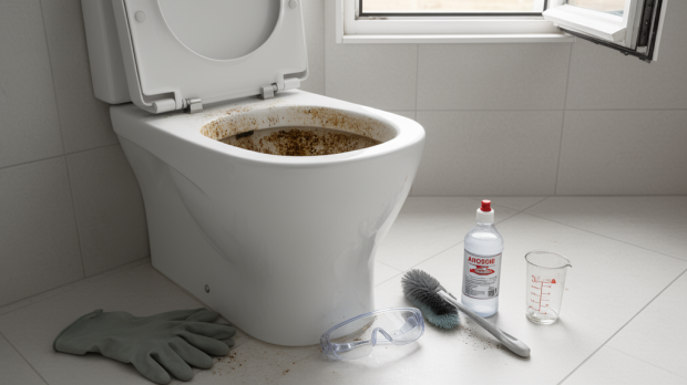 Cuvette de WC entartrée avec gants, lunettes de protection et flacon générique pour illustrer l’usage prudent de l’acide chlorhydrique.