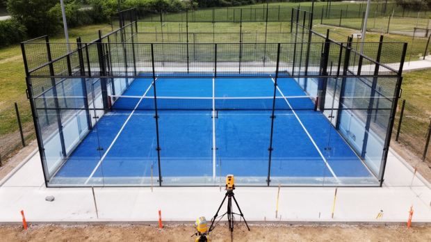Terrain de padel extérieur réglementaire avec parois vitrées, filet central et zones de circulation autour