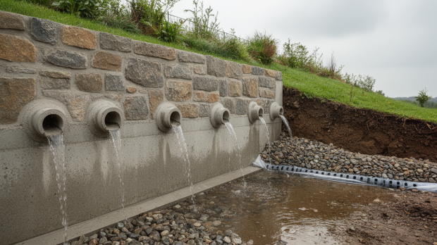 Barbacanes en partie basse d’un mur de soutènement évacuant l’eau avec drainage en gravier derrière le mur