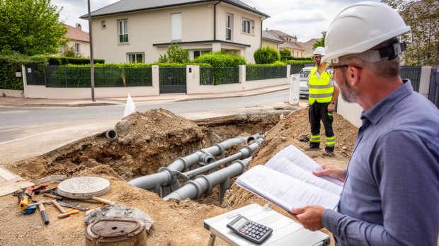 Raccordement d’une maison au tout-à-l’égout avec canalisation, tranchée et documents de budget pour la PFAC
