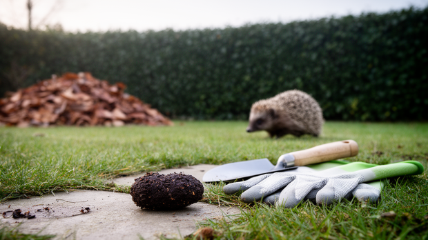 Crotte de hérisson sombre sur une pelouse avec gants de jardinage et hérisson près d’une haie en arrière-plan