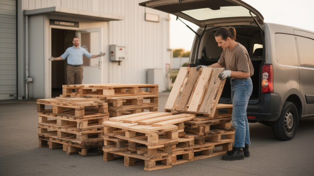 Personne récupérant légalement une palette en bois gratuite près d’un quai de livraison pour un projet DIY