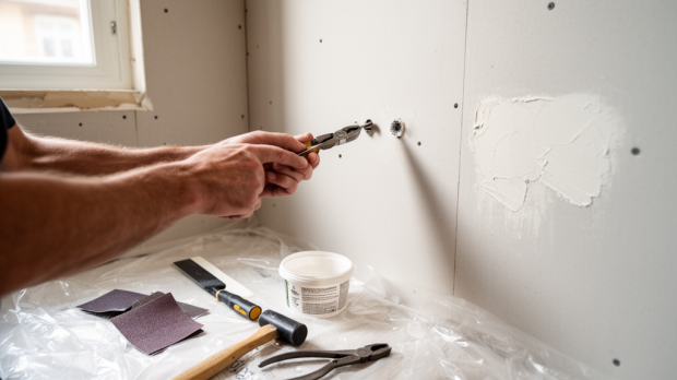 Retrait d’une cheville métallique dans un mur en placo avec outils et enduit de rebouchage pour une finition propre.