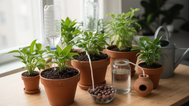 Arrosage automatique fait maison pour plantes d’intérieur avec bouteille goutte à goutte, mèche et billes d’argile