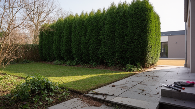 Haie de cyprès trop proche d’une maison avec ombre dense, racines visibles et terrasse abîmée, illustrant les inconvénients du cyprès au jardin.
