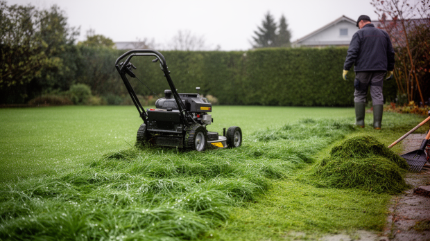 Tondeuse avançant lentement dans une pelouse haute et humide après la pluie, avec herbe mouillée et coupe progressive.