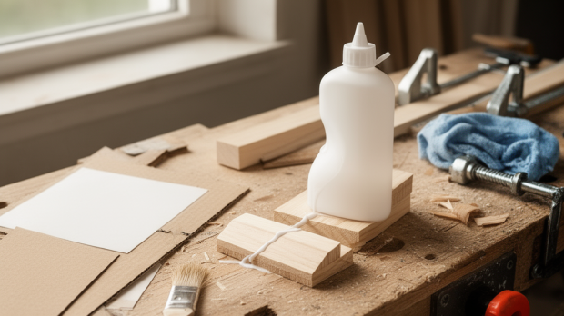 Colle PVA blanche utilisée sur du bois, du papier et du carton pour un projet de bricolage et de loisirs créatifs