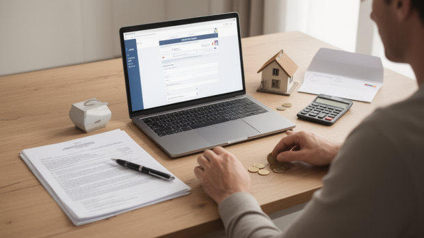Personne préparant la clôture d’un PEL avec ordinateur, documents bancaires, calculatrice, pièces et petite maison sur une table