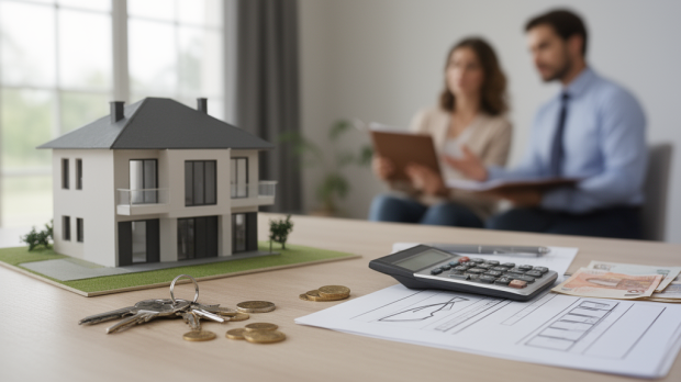 Table de négociation immobilière avec maquette de maison, clés, calculatrice et documents pour illustrer le calcul d’une commission d’agence immobilière.