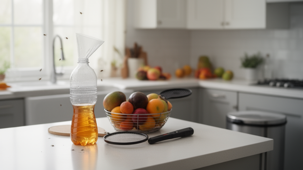 Piège à mouches maison et solutions anti-mouches dans une cuisine propre et lumineuse