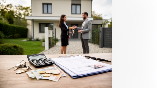 Agent immobilier et couple devant une maison avec clés, calculatrice et dossier de vente illustrant les frais d’agence.