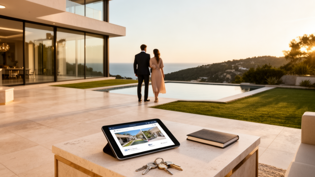 Agent immobilier de luxe accompagnant des acheteurs lors de la visite d’une villa contemporaine avec piscine et vue dégagée