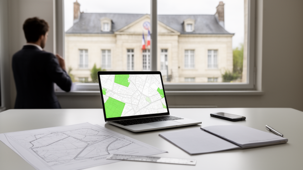 Ordinateur affichant un plan cadastral sans texte avec documents administratifs pour identifier gratuitement le propriétaire d’une parcelle en mairie