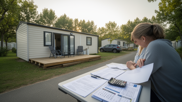 Location mobil home à l'année dans un camping avec documents de contrat et budget sur une table