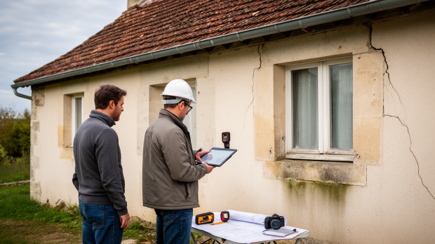 Expert en bâtiment inspectant une maison ancienne lors d’un audit technique avant achat ou rénovation